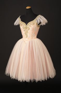 a pink dress with gold sequins on the shoulders and shoulder, sitting on a mannequin