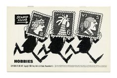 an old stamp with three stamps on it and two people holding up signs that say hobbiess