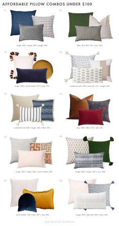 pillows with different colors and patterns on them, all in various sizes and shapes for the pillow