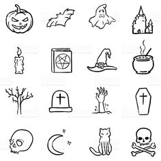 black and white halloween icons on a white background