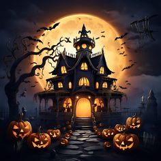 a halloween house with pumpkins in front of it