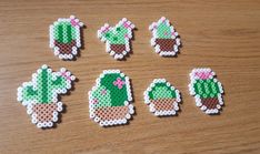 six pieces of perler bead art with small cactuses and flowers on them