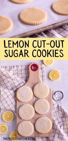 lemon cookies spread out on a cutting board and sprinkled with powdered sugar Royal Icing Cookie Decorating, Sugar Cookie Cutout Recipe, Lemon Cookie Recipe, Lemon Sugar Cookies Recipe, Lemon Cookies Easy, Lemon Cookies Recipes