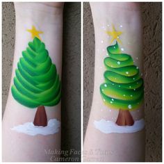 How wonderful is this - one stroke Christmas Trees - http://sillyfarm.com/shop/face-painting-supplies/rainbow-arty-cakes/arty-brush-cakes/bright-leaf-arty-brush-cake  www.sillyfarm.com Face Painting Supplies, Painting Face, Belly Painting, Face Painting Halloween, Holiday Painting