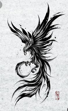 a black and white drawing of a bird with wings on it's back,