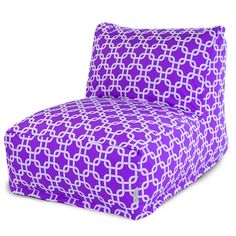 a purple and white chair sitting on top of a white floor