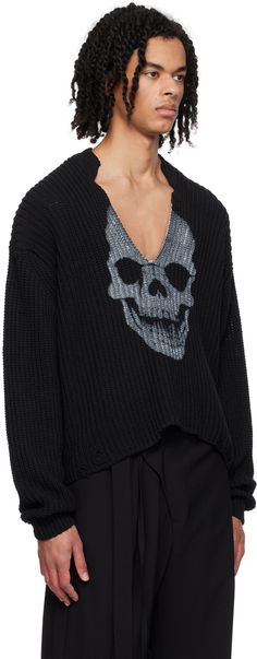 Rib knit recycled cotton- and recycled polyester-blend sweater. Distressing throughout. · Plunging V-neck · Graphic printed at front · Droptail hem · Dropped shoulders · Logo printed at back Supplier color: Black Edgy Fits, Black Striped Sweater, Skull Sweater, Black Skull, Black Skulls, Teenager Outfits, Knitwear Men, Fall Looks, Edgy Fashion