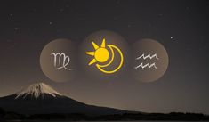 the sun, moon and zodiac signs are shown in front of a mountain at night