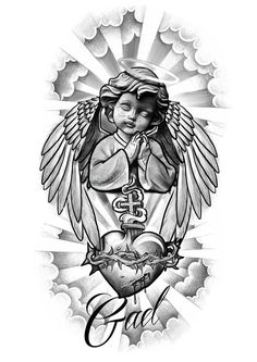 an angel holding a heart with the word god on it