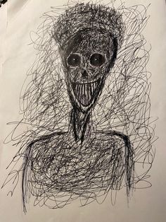 a black and white drawing of a person with a skull on it's head