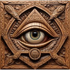 an eye is shown in the center of a wooden panel with intricate designs on it