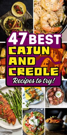 the cover of 47 best cajun and crocke recipes to try, with images of various dishes