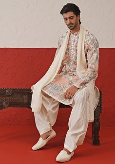 Off White Multi - Color Sequinned Kurta Set With Duppata Kalpraag - Fabilicious Fashion Mens Wear Wedding, Off White Jacket, Kurta Men, Men's Ethnic Wear, White Kurta, Vacuum Storage, Indian Wedding Wear, Embroidered Dupatta, White Jacket