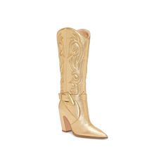 Vince Camuto-Biancaa Cowboy Boot Pull off rodeo style with the Biancaa cowboy boot from Vince Camuto. Eye-catching cowboy stitching patterns on the sides and pointed toe highlight this tall boot fashioned with an oversize buckle at the ankle strap for a gleaming look. Click here for Boot Measuring Guide. Gold Cowboy Boots, Dress Sandals Flat, Rodeo Style, Shoe Size Chart Kids, Stitching Patterns, Boot Pulls, Rodeo Fashion, Tall Boot, Trending Sneakers