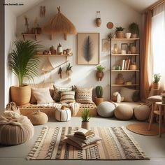 a living room filled with lots of furniture and decor on top of a white floor