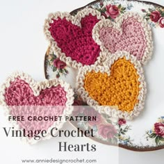 three crocheted hearts on a plate with the words free crochet pattern vintage crochet hearts