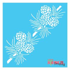 two pine cones on a blue background with the word pretty written in white ink next to each other