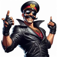 a man in a leather jacket with a mustache and moustache giving the peace sign