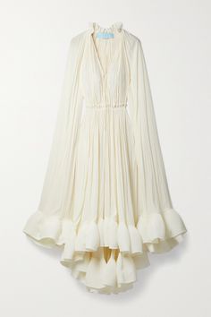 EXCLUSIVE AT NET-A-PORTER. Lanvin's ethereal dress is cut from airy crepe and has long, cape-effect sleeves that cascade beautifully down the sides. It's detailed with adjustable ties along the plunging neckline and falls to a ruffled hem filled with organza to hold the voluminous shape. It's perfect for modern brides who hope to create plenty of movement in photographs. White Pleated Chiffon Dress, White Chiffon Pleated Dress, Ethereal Dress, Ruffle Midi Dress, Crepe Dress, Stretch Dress, Solid Dress, Mode Inspiration, Mr Porter