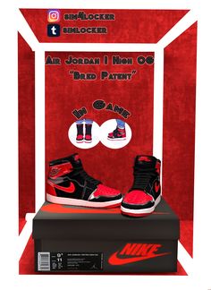 a pair of sneakers is on display in a box with red and black accents, including the nike air jordan 1 high og