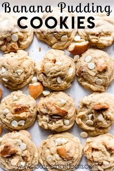 banana pudding cookies with white chocolate chips on top