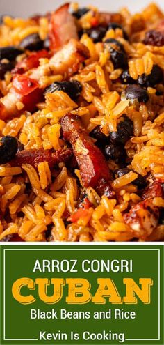 an image of a mexican rice dish with black beans and rice in the background text reads arroz congri cuban