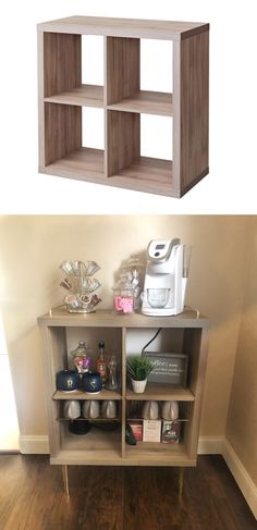 the before and after shots of an open shelving unit