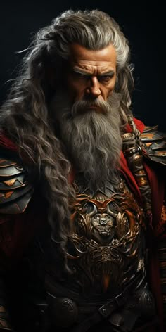 an image of a man with long hair and beard wearing armor, looking at the camera