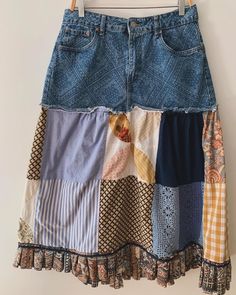 Upcycled patchwork and denim skirt. Intentional fraying. Made from upcycled, vintage and some new fabrics. All cotton. Size 12 Aeropostale. Measures 17" laying flat at the waist seam. Length is 34.25". Patch Work Denim Skirt, Patchwork Skirt Outfit, Quilt Skirt, Quilted Skirt, Denim Quilt, Womens Skirts, Patchwork Skirt, Saved Pins, Upcycled Clothing