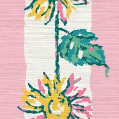 a pink and yellow rug with flowers painted on the front, in an abstract manner