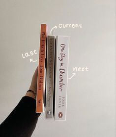 a hand holding three books in front of a whiteboard with arrows pointing to them