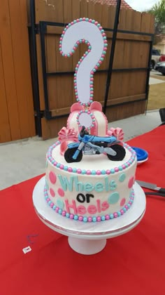 a birthday cake with a question mark on the top that says, wheels or holes?