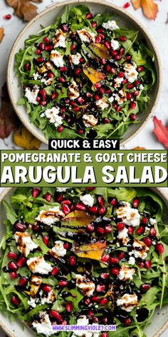 two bowls filled with salad and topped with pomegranate and goat cheese