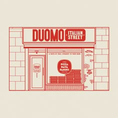 a red and white drawing of a store front with the words duomo street on it