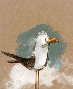 a drawing of a seagull standing on top of a wooden pole with its beak open