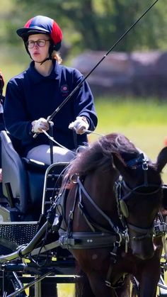 a woman riding in a carriage pulled by a brown horse with a red helmet on