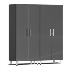 a tall gray cabinet with three doors on each side