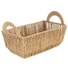 a wicker basket with handles is shown