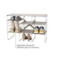 three shelves with different types of footwear on them