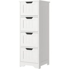 a tall white cabinet with three drawers