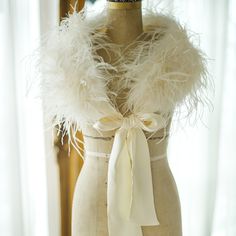 a mannequin with white feathers and a bow on it's neck, in front of a window