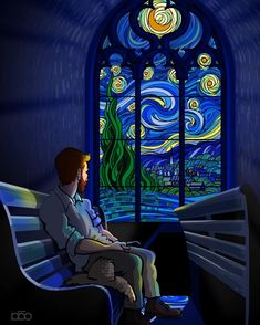 a man sitting on a bench in front of a stained glass window with the starry night