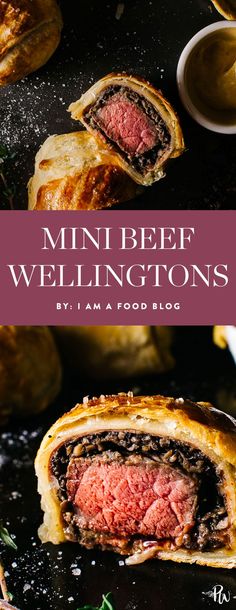 mini beef wellingtons on a black plate with sauce and herbs in the background text reads mini beef wellingtons by i am a food blog