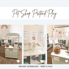 three pictures of the inside of a playroom with items on display and in front of it