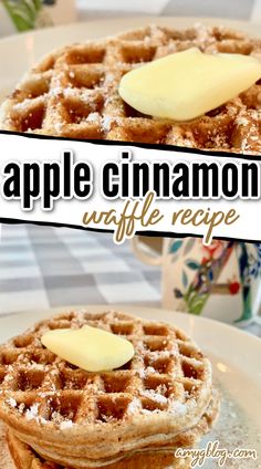 two waffles with butter on top and the words apple cinnamon waffle recipe