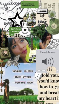 the collage is made up of many different pictures and words, including an image of a woman with a guitar