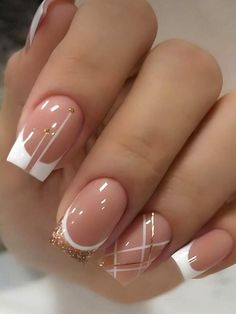 Transform Your Nails with 24pcs Long Square French Stripe Glitter Geometric Pattern Fake Nail & 1sheet Tape & 1pc Nail File | SHEIN USA Nails With White, Stick On Nails, Nail Accessories, Rhinestone Nails, Square Nails, Flower Nails