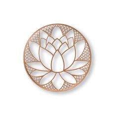 a metal brooch with a flower design on the front and center, in rose gold