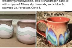 three different types of pottery are shown in the same image and one has been painted with acrylic