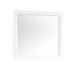 a white framed mirror on the wall with no reflection or image in front of it